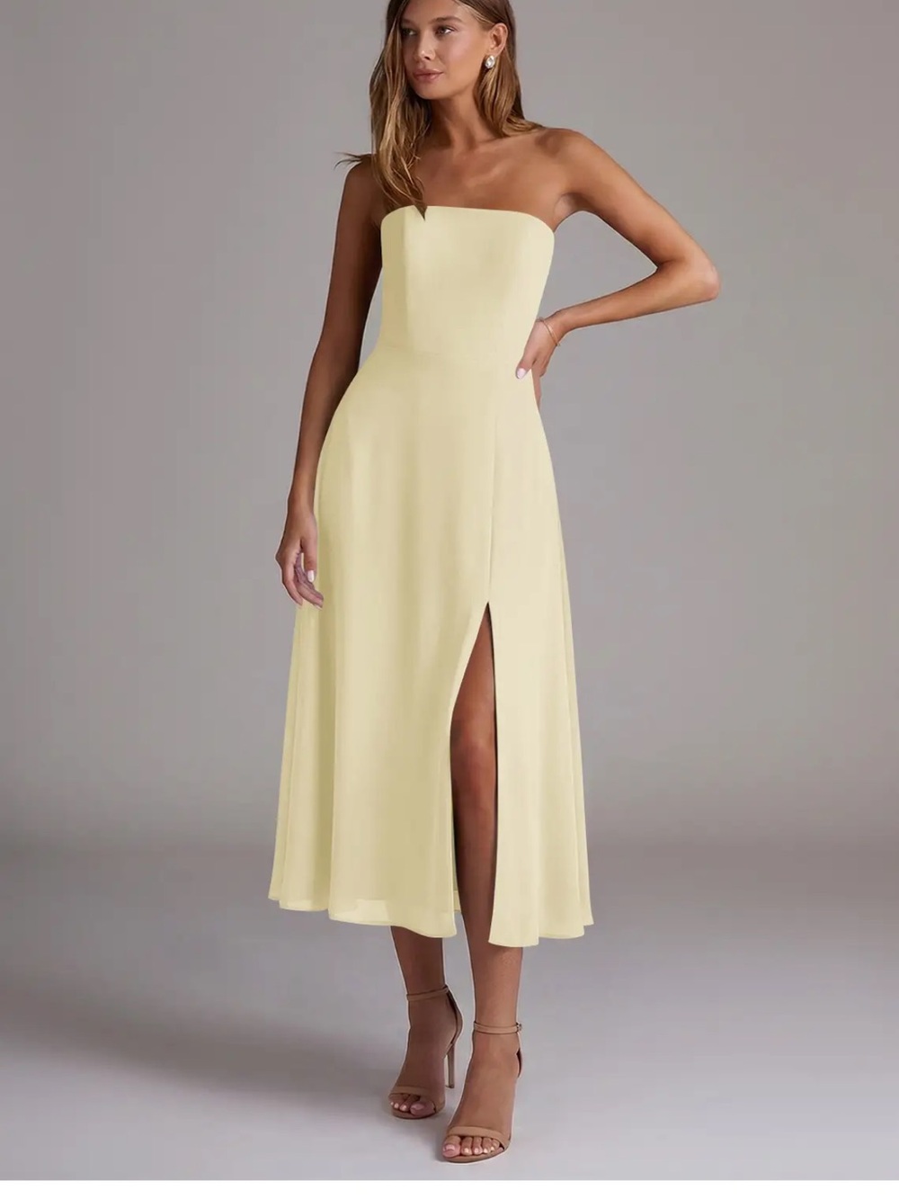 Azazie Strapless Lemon Sorbet Yellow Midi Dress Front Slit (wren) with shawl